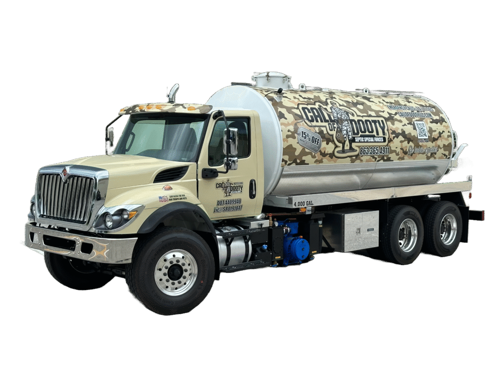 Call of Dooty - Septic Service Specialists - Driver side view of septic tank pumping truck with no background